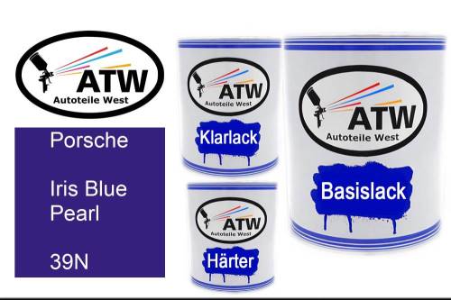 Porsche, Iris Blue Pearl, 39N: 1L Lackdose + 1L Klarlack + 500ml Härter - Set, von ATW Autoteile West.